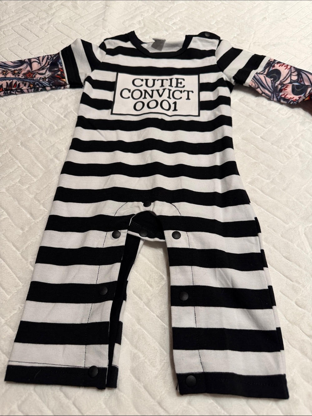 Cutie Convict Black & White Striped Baby One-Piece with Tattoo Arms 3-6mos